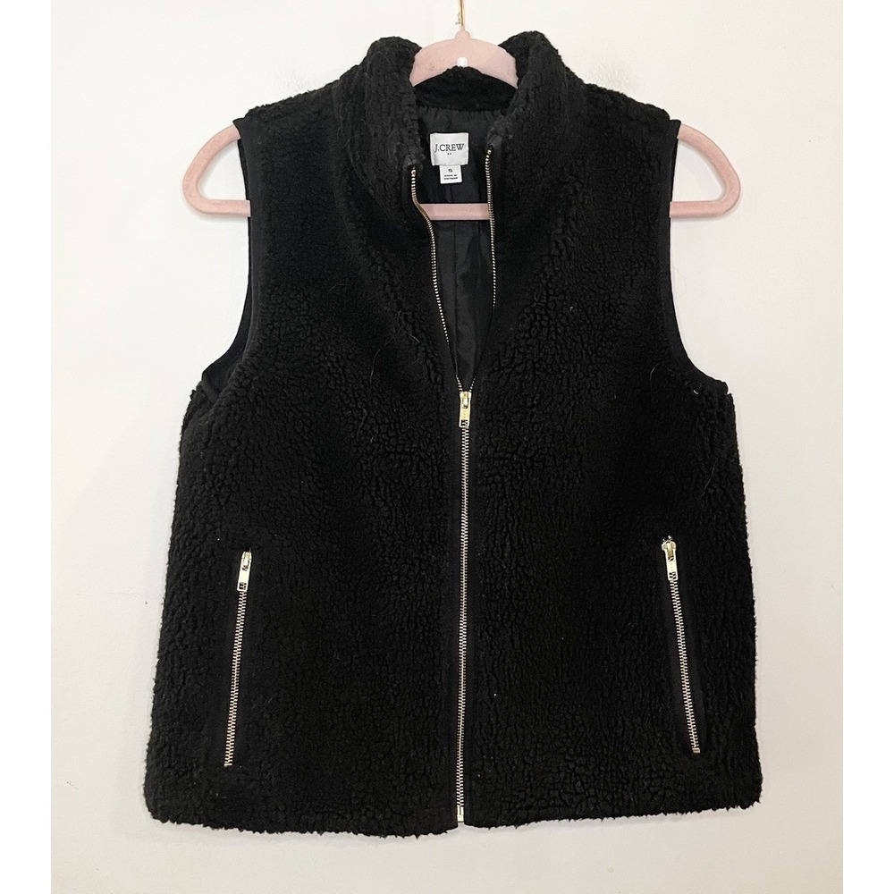 J. Crew Sherpa Fleece Vest‎ Black Teddy Bear Full Zip Womens S Preppy Cozy Warm